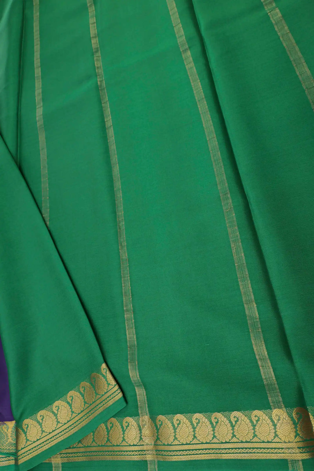 Mango Border 50 GSM Pure Mysore Silk Saree in Purple and Green Color with Contrast Green Color Blouse