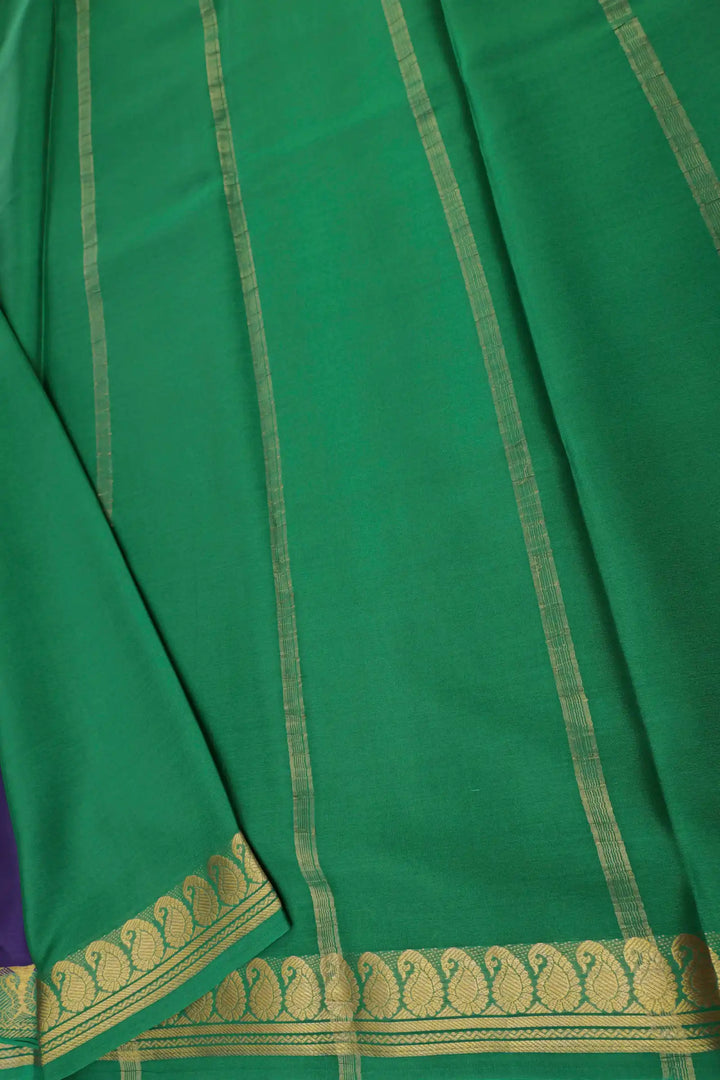 Mango Border 50 GSM Pure Mysore Silk Saree in Purple and Green Color with Contrast Green Color Blouse