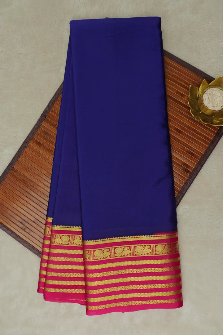 Peacock Lines Pure Mysore Silk Saree in Blue and Pink Color with Contrast Pink Color Blouse
