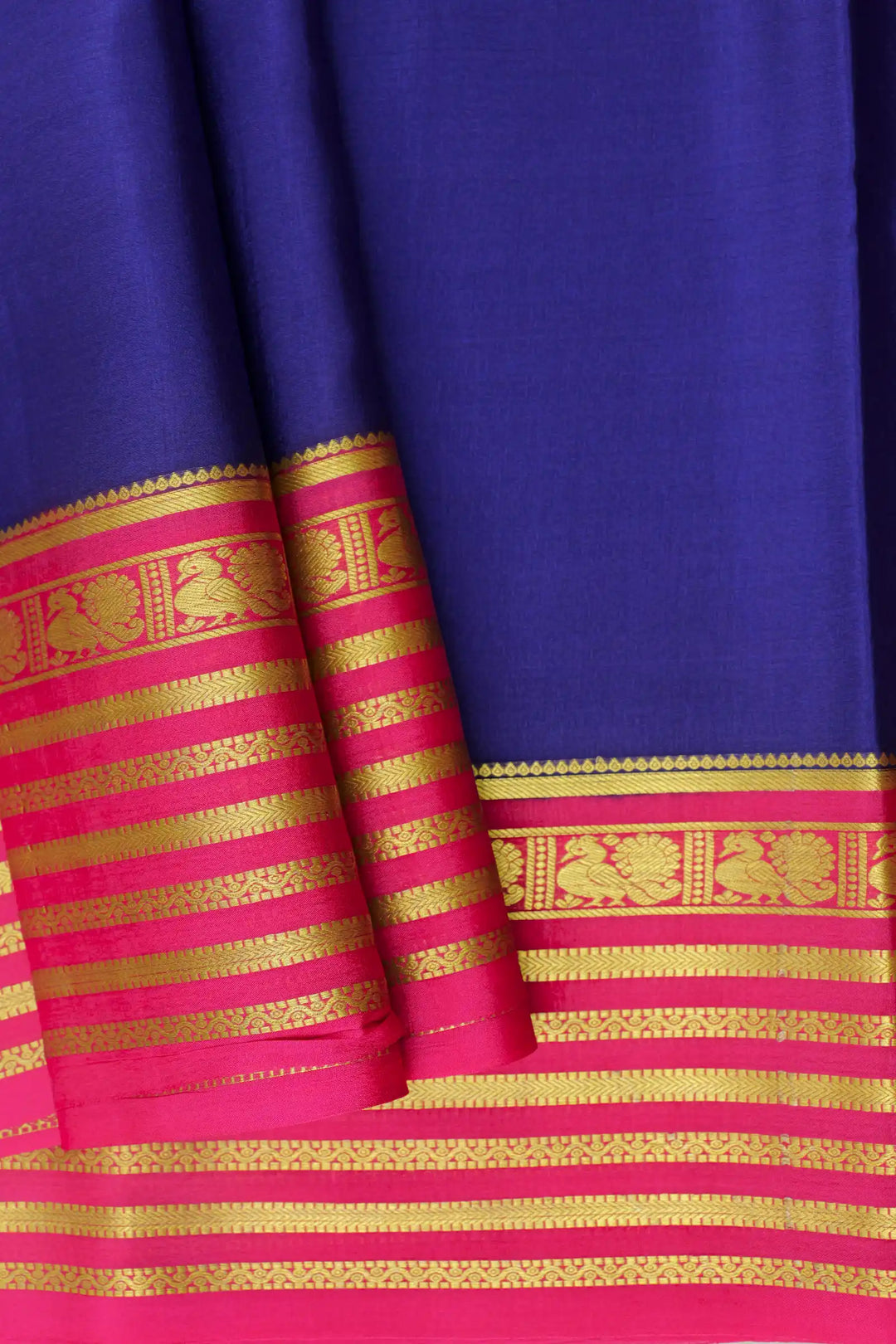 Peacock Lines Pure Mysore Silk Saree in Blue and Pink Color with Contrast Pink Color Blouse