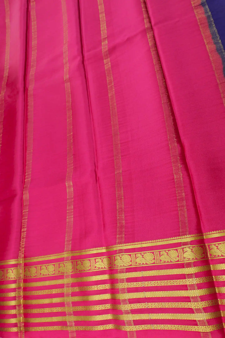 Peacock Lines Pure Mysore Silk Saree in Blue and Pink Color with Contrast Pink Color Blouse