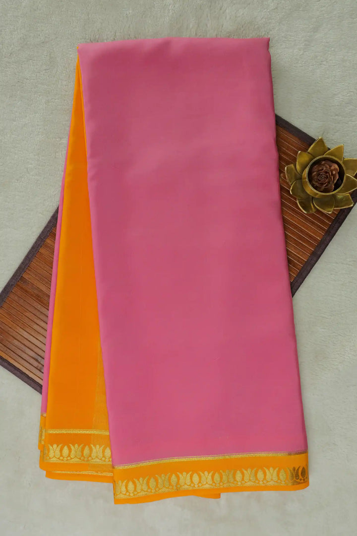 Thrishula border Pure Gold Lace Mysore Silk Saree in Pink and Yellow Color with Contrast Yellow Color Blouse