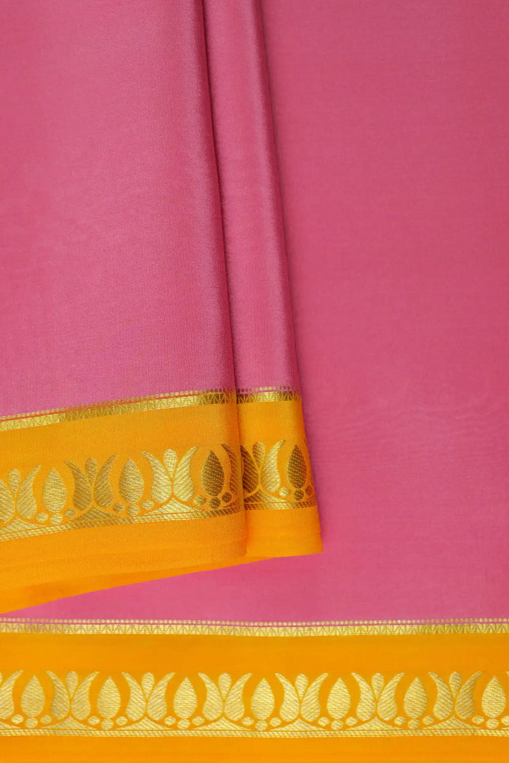 Thrishula border Pure Gold Lace Mysore Silk Saree in Pink and Yellow Color with Contrast Yellow Color Blouse