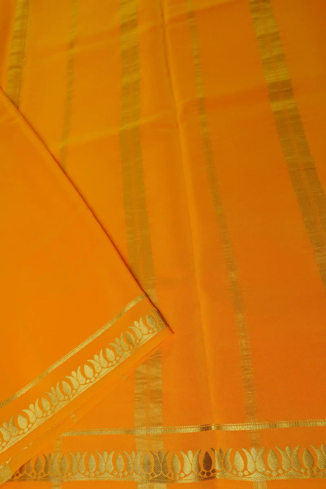 Thrishula border Pure Gold Lace Mysore Silk Saree in Pink and Yellow Color with Contrast Yellow Color Blouse