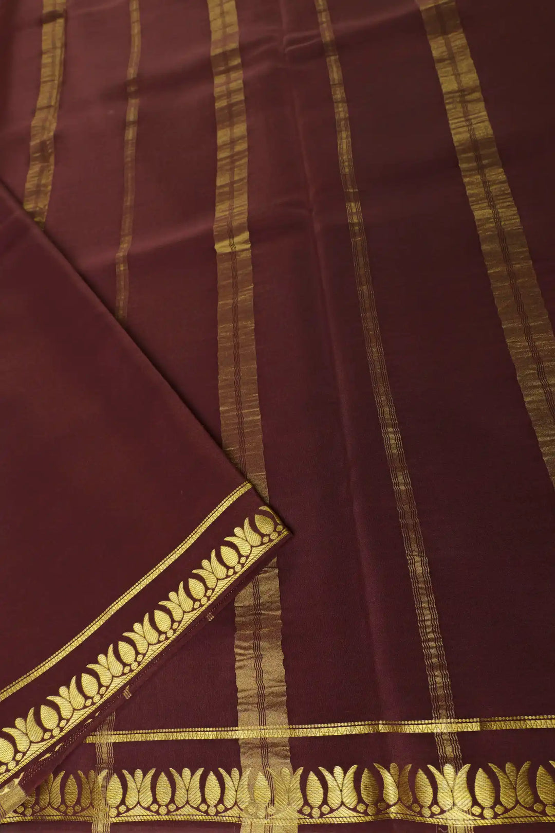 Thrishula border Pure Gold Lace Mysore Silk Saree in Cream and Brown Color with Contrast Brown Color Blouse