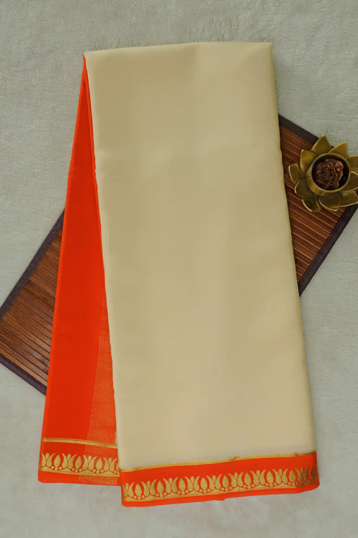 Thrishula border Pure Gold Lace Mysore Silk Saree in Gold and Orange Color with Contrast Orange Color Blouse