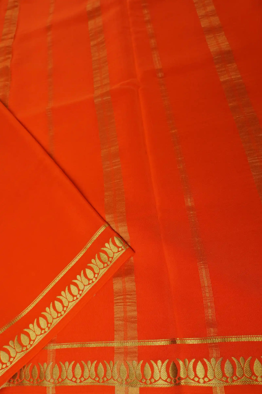 Thrishula border Pure Gold Lace Mysore Silk Saree in Gold and Orange Color with Contrast Orange Color Blouse