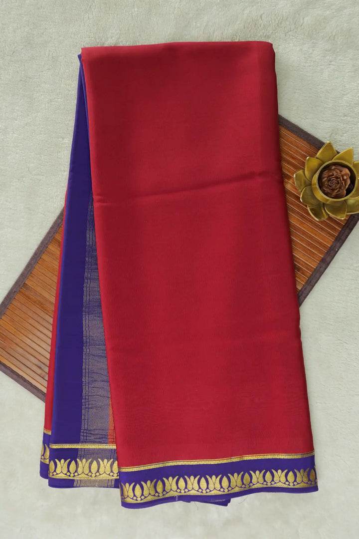 Thrishula border Pure Gold Lace Mysore Silk Saree in Red and Purple Color with Contrast Purple Color Blouse