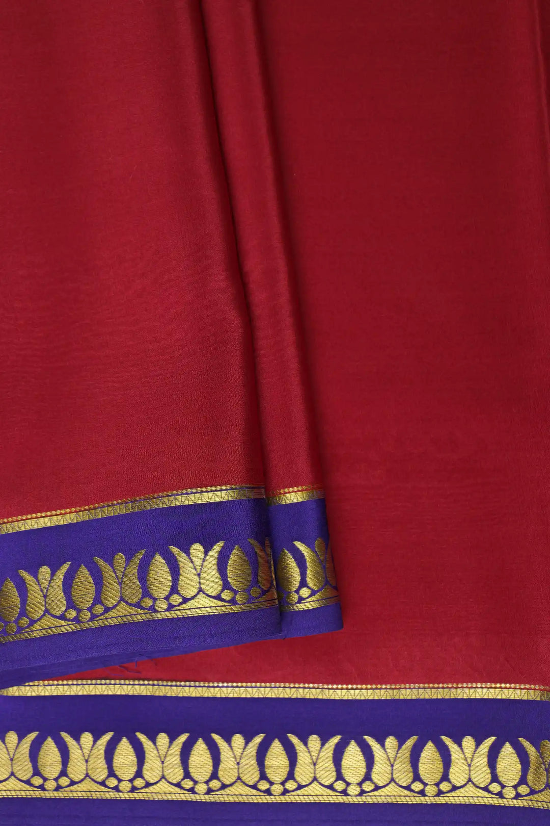 Thrishula border Pure Gold Lace Mysore Silk Saree in Red and Purple Color with Contrast Purple Color Blouse