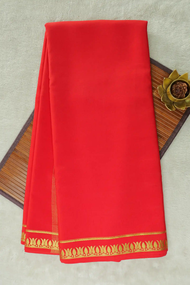 Thrishula border Pure Gold Lace Mysore Silk Saree in Red Color with Self Red Blouse