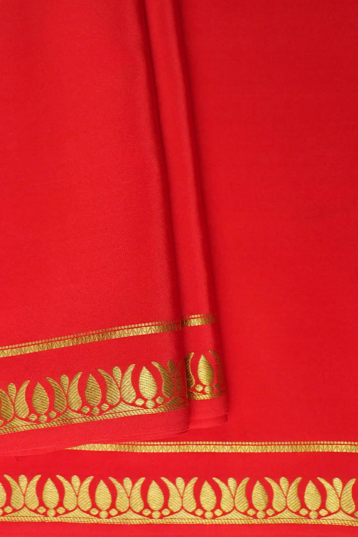 Thrishula border Pure Gold Lace Mysore Silk Saree in Red Color with Self Red Blouse