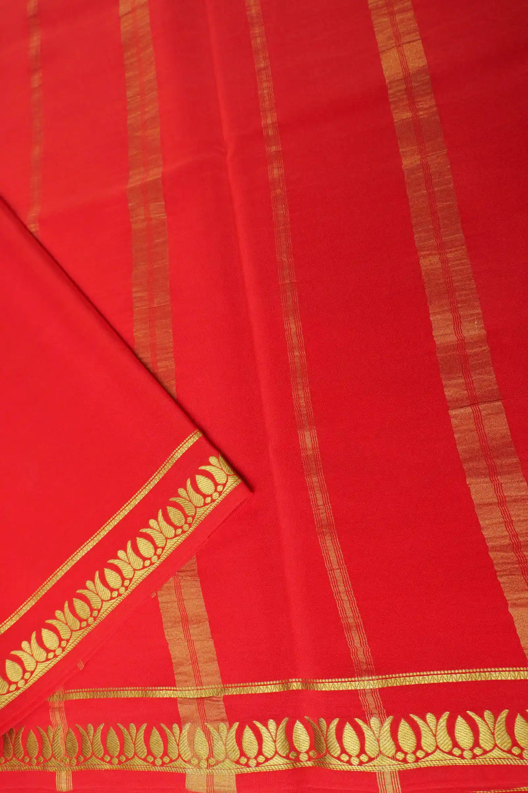 Thrishula border Pure Gold Lace Mysore Silk Saree in Red Color with Self Red Blouse