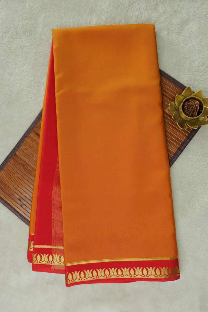 Thrishula border Pure Gold Lace Mysore Silk Saree in Orange and Red Color with Contrast Red Color Blouse