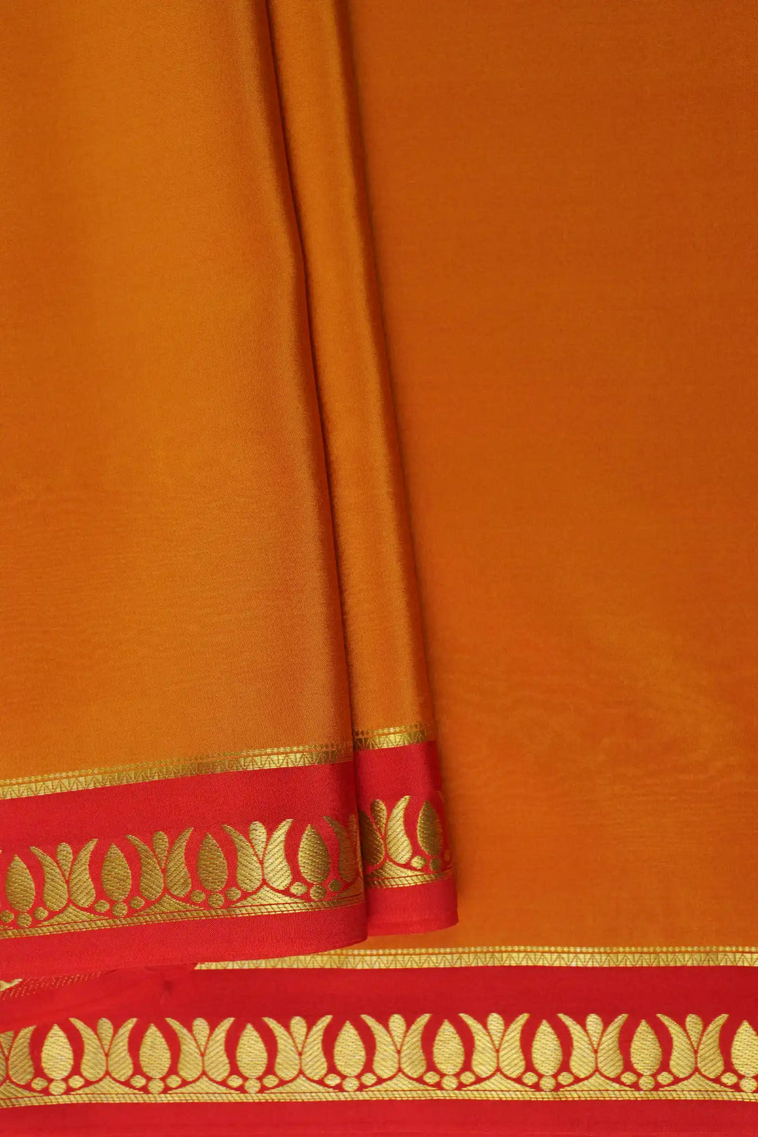 Thrishula border Pure Gold Lace Mysore Silk Saree in Orange and Red Color with Contrast Red Color Blouse