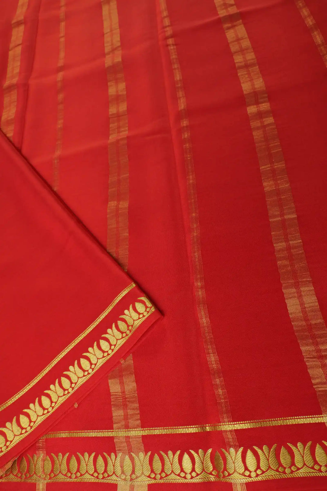 Thrishula border Pure Gold Lace Mysore Silk Saree in Orange and Red Color with Contrast Red Color Blouse