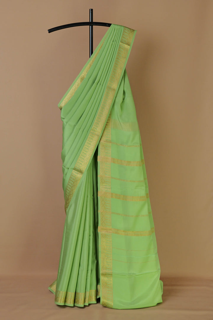 Pure Crepe Mysore Silk Saree in green with gold zari work - ATHARVA