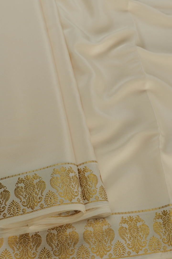 Pure Mysore Crepe silk saree in white with gandaberunda patterns