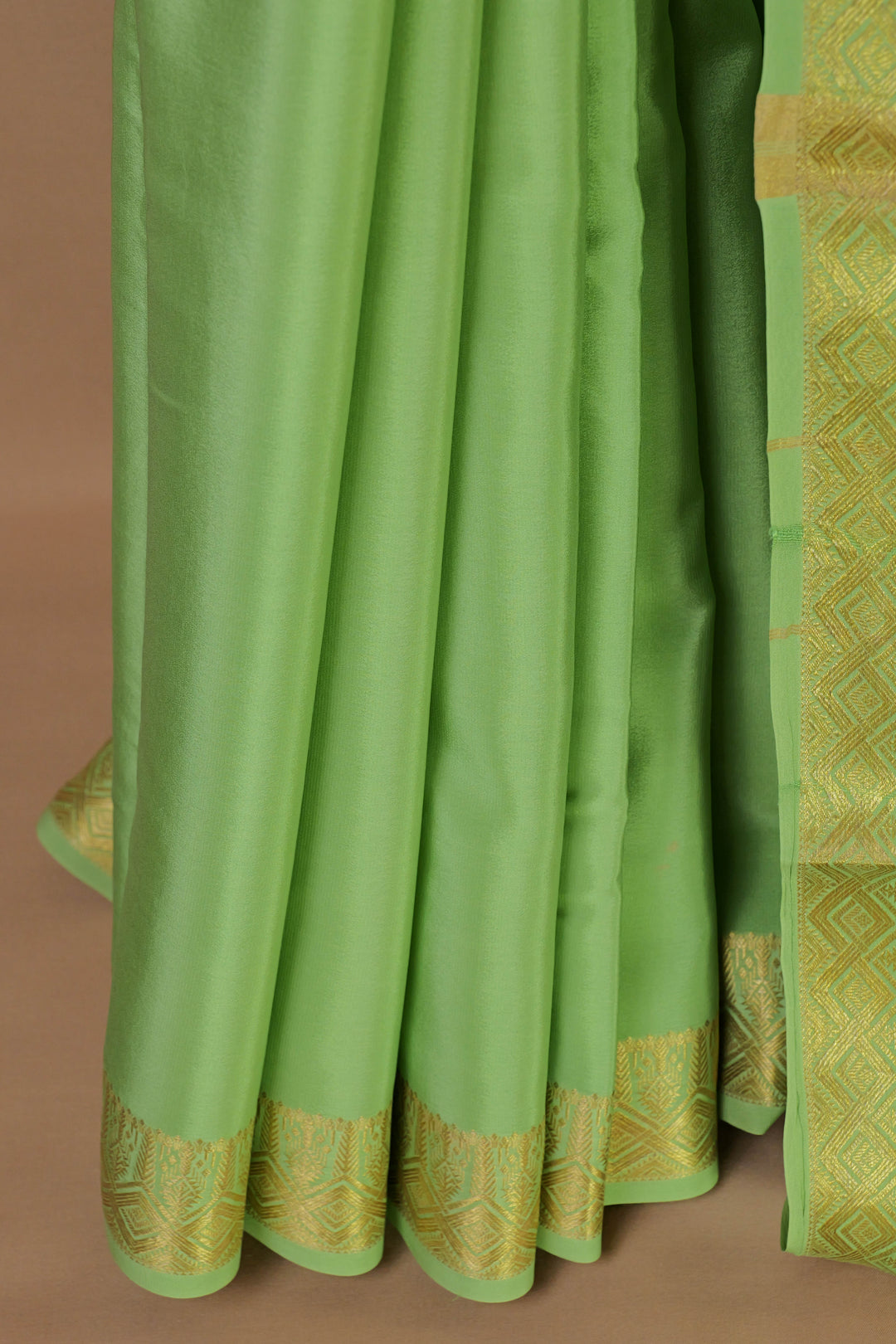 Pure Mysore Silk Crepe Saree in green with gold border - ATHARVA