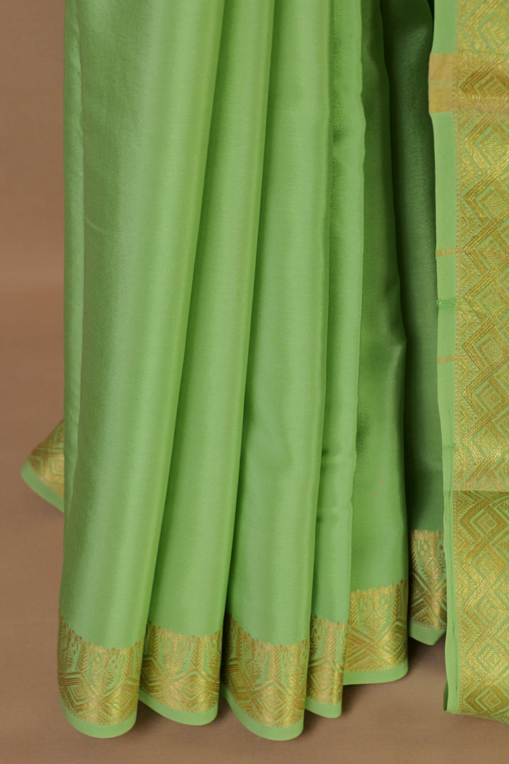Pure Mysore Silk Crepe Saree in green with gold border - ATHARVA