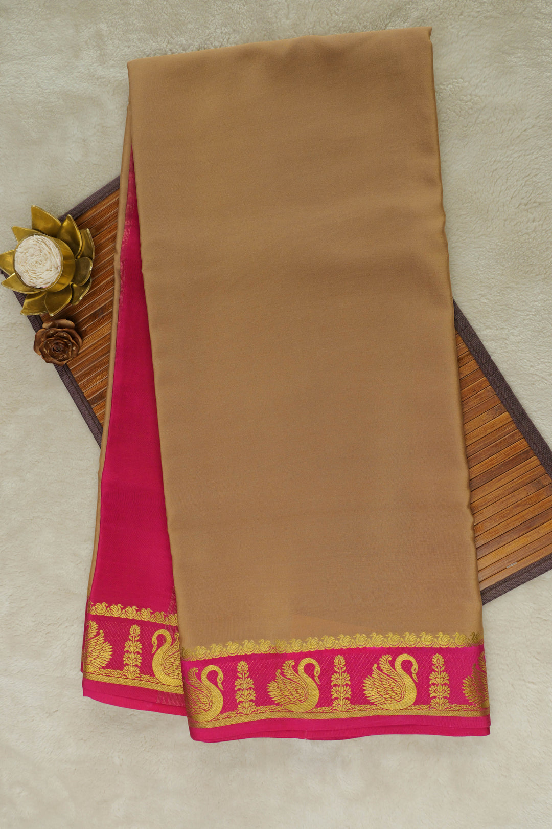 Pure Mysore Silk Saree In Brown Colour With Pink Border