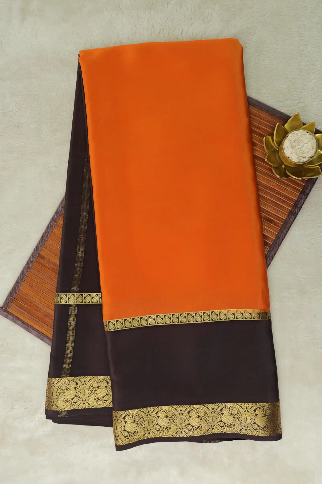 Pure Mysore Silk Saree In Orange And Black with Peacock Border 
