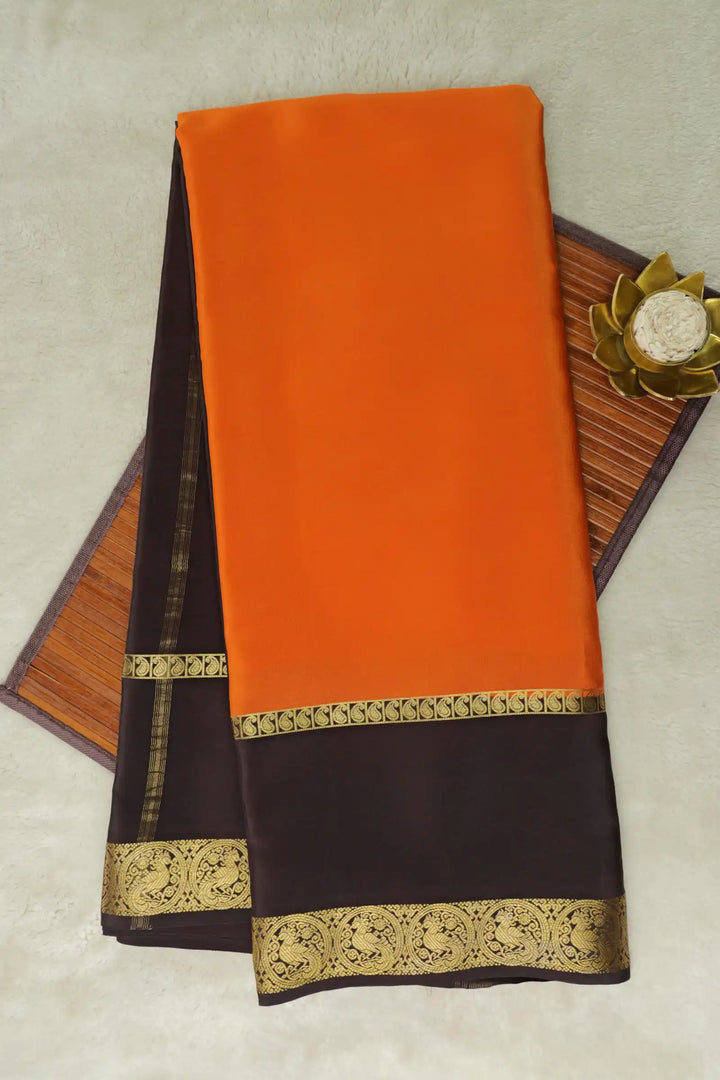 Pure Mysore Silk Saree In Orange And Black with Peacock Border 

