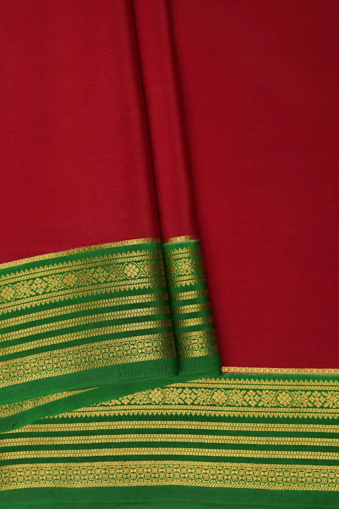 Pure Mysore Silk Saree Red Color Green Gold Border Design