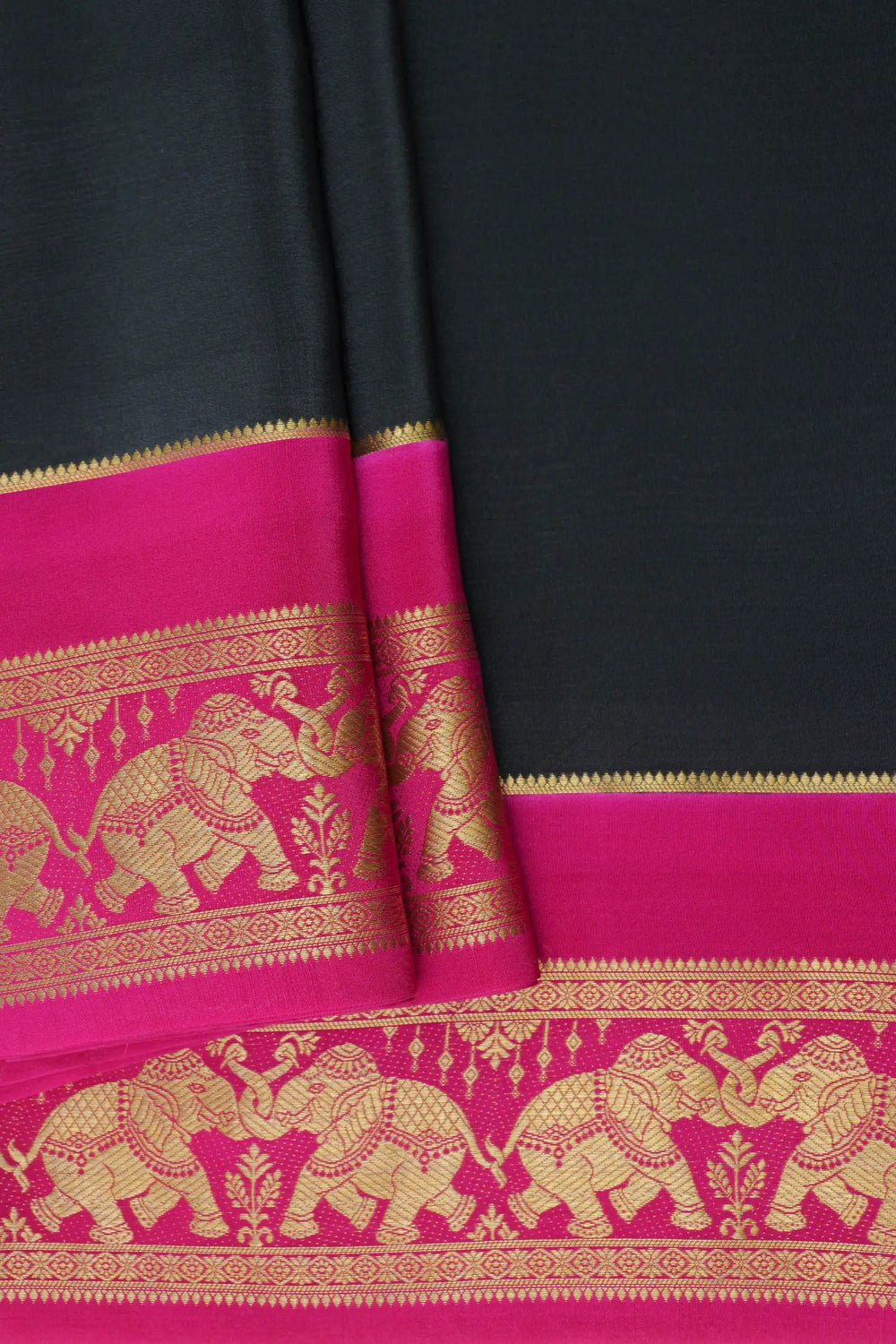  Pure Mysore Silk Saree in Black and Pink Color with Elephant Border