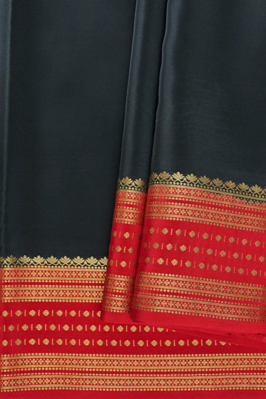 Pure Mysore Silk Saree in Black and Red Color with Dotted Butta Border