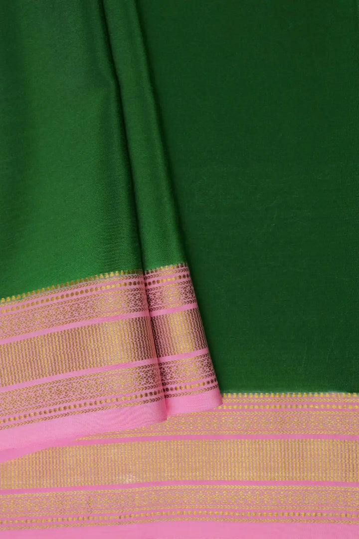 Pure Mysore Silk Saree in Green and Pink Color with Contrast Pink Color Blouse
