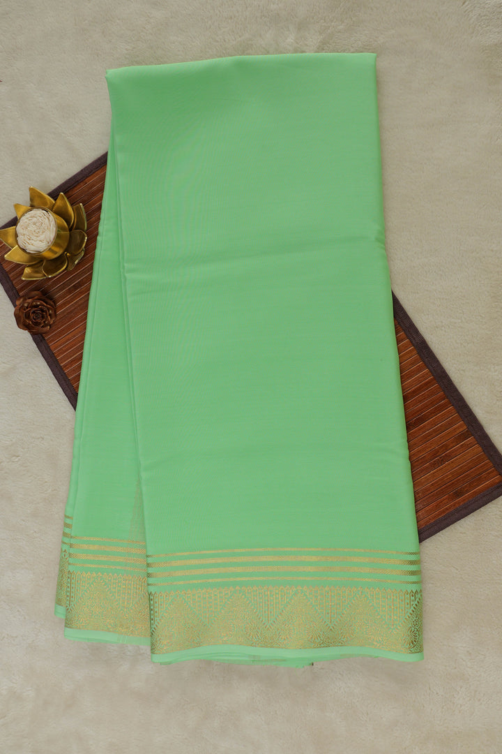 Pure Mysore Silk Saree in Light Green with Gold Zari Border