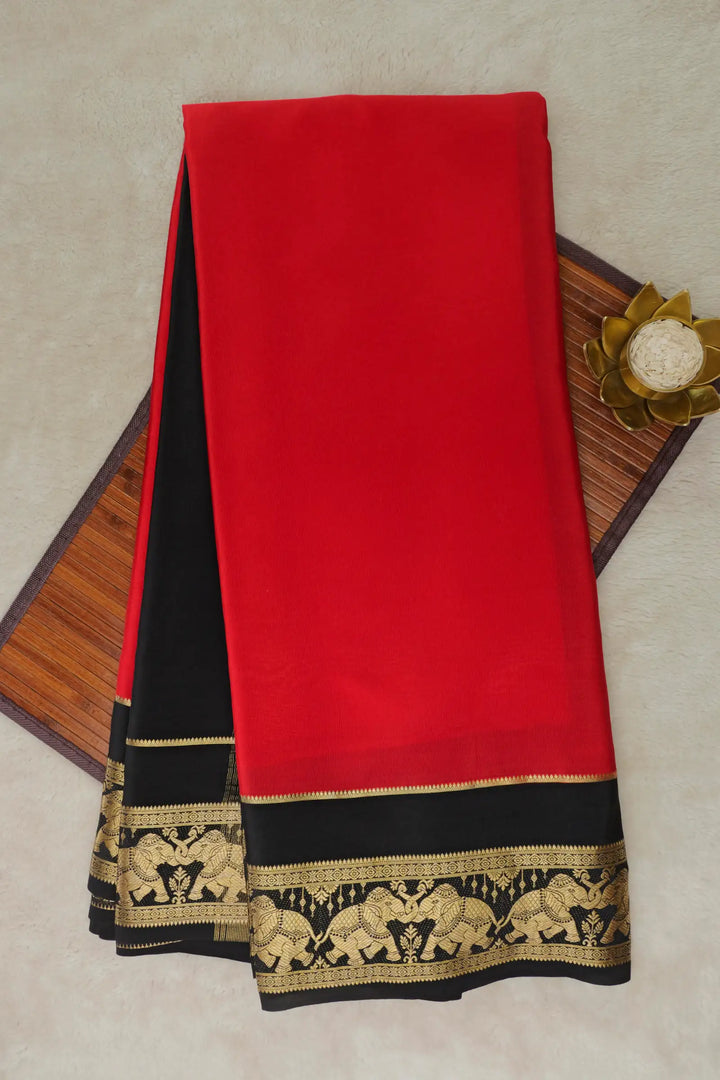  Pure Mysore Silk Saree in Red and Black Color with Elephant Border