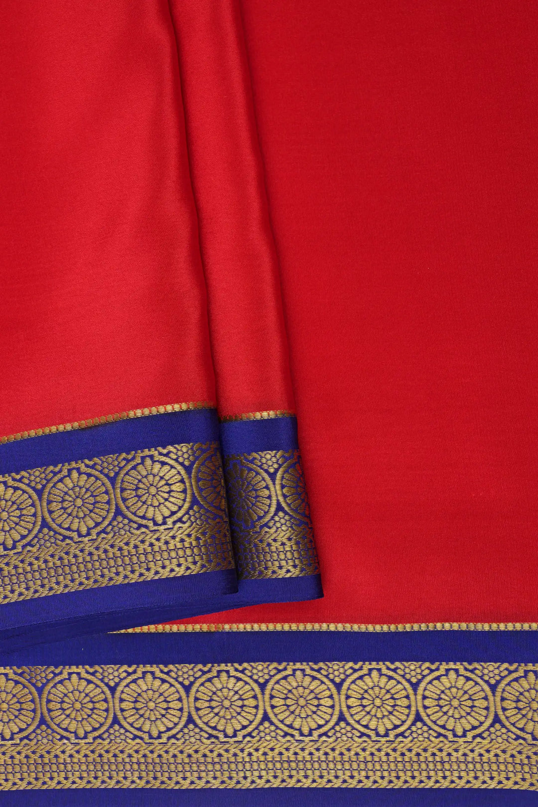 Pure Mysore Silk Saree in Red and Blue Color with Contrast Blue Blouse