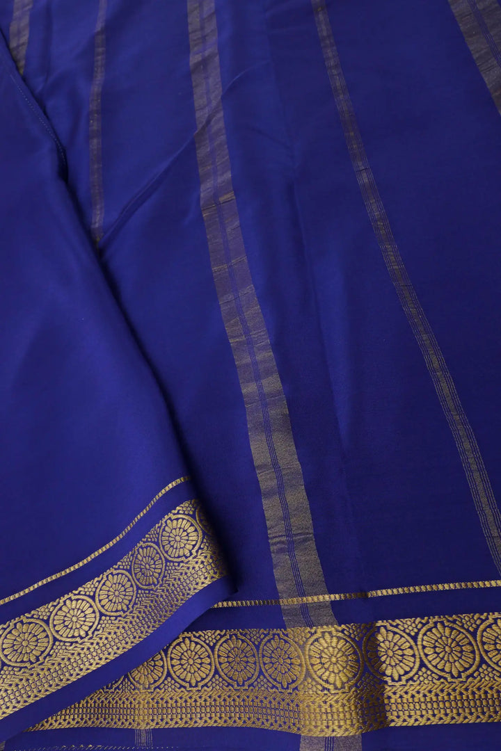 Pure Mysore Silk Saree in Red and Blue Color with Contrast Blue and Flower Border