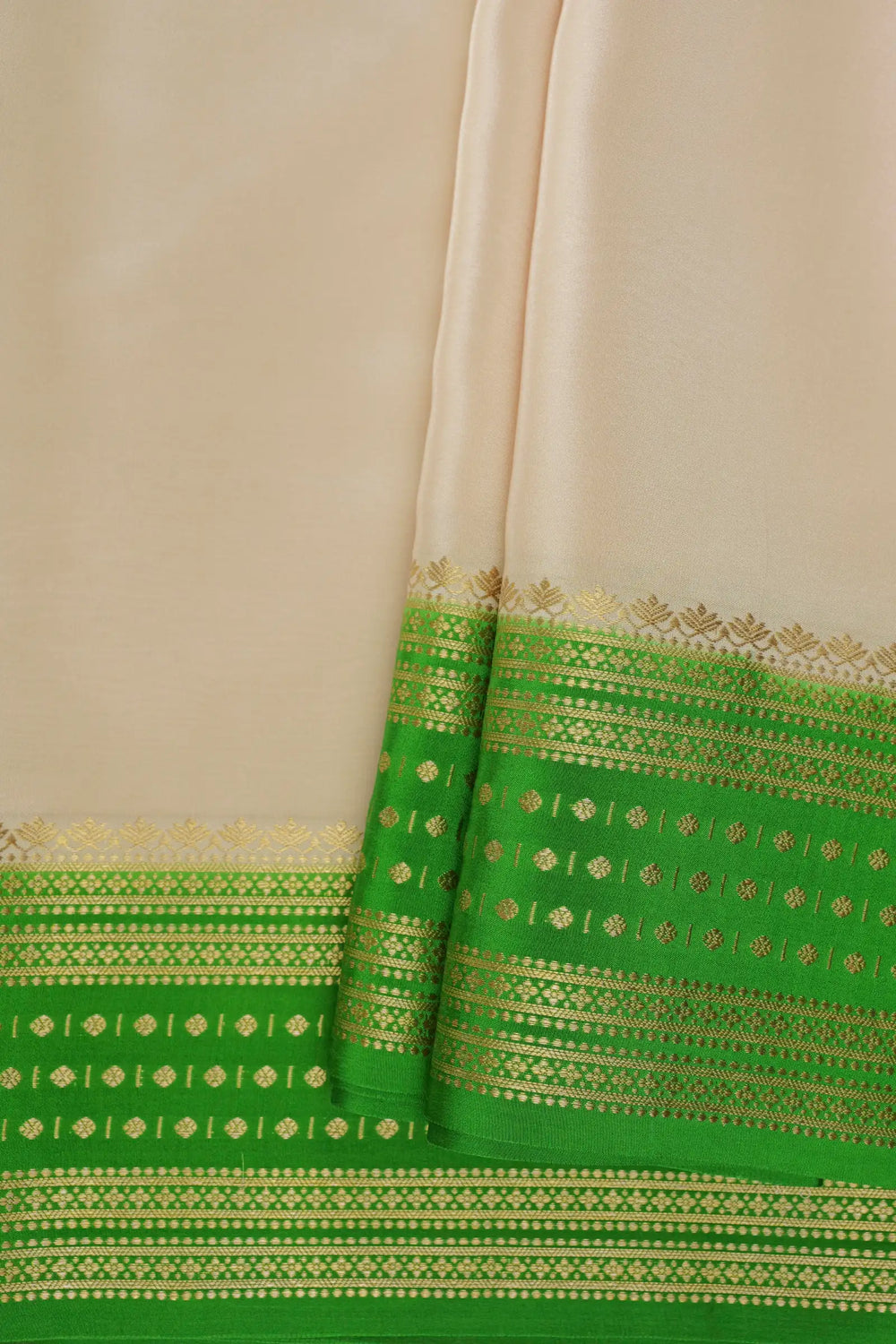 Pure Mysore Silk Saree in White and Green Color with Contrast Green Blouse