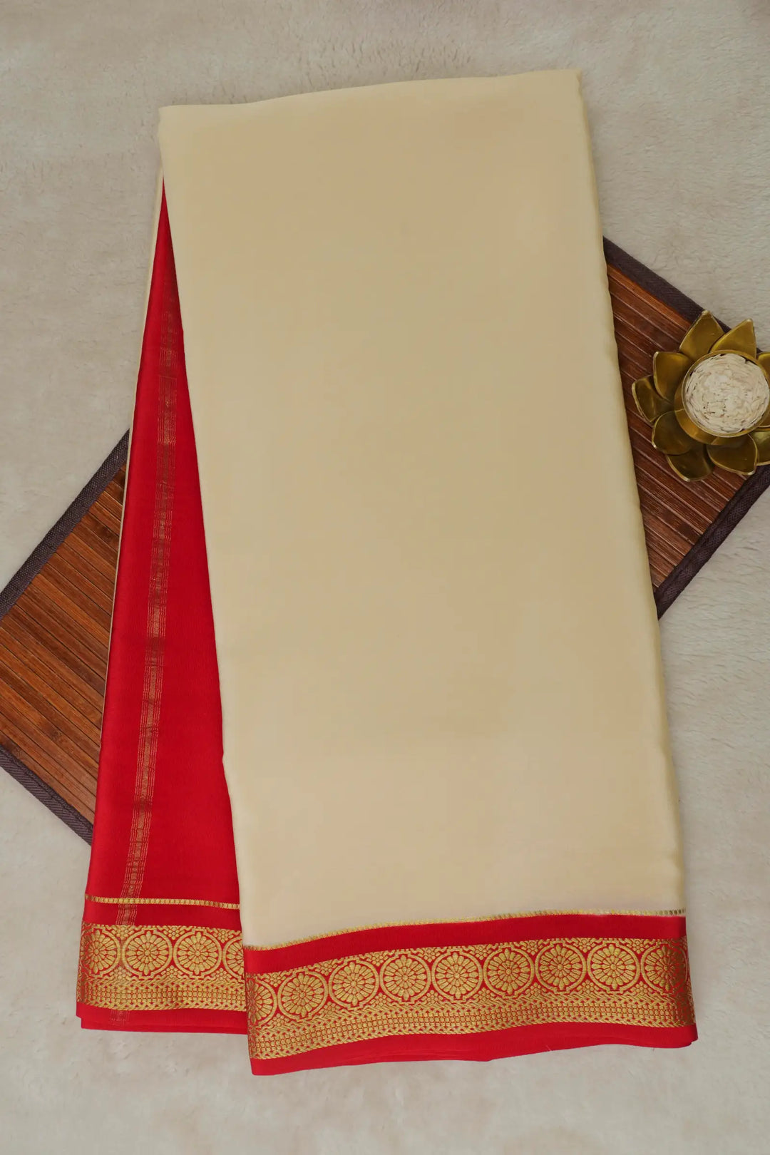 Pure Mysore Silk Saree in White and Red Color with Contrast Red Blouse