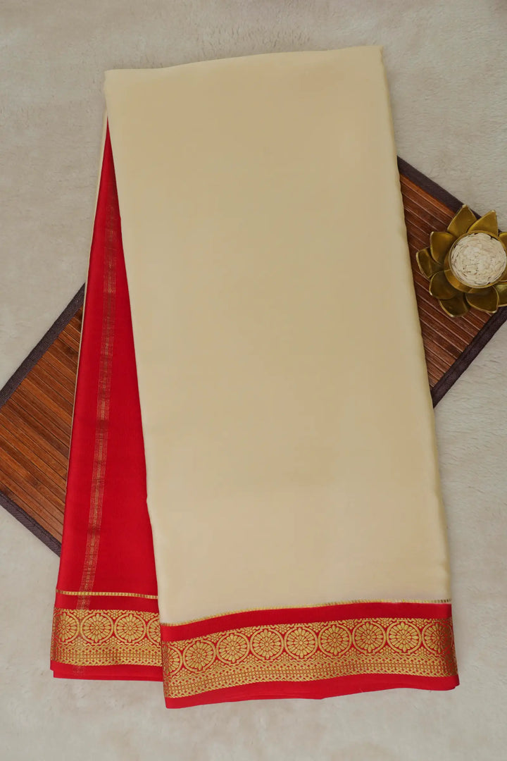 Pure Mysore Silk Saree in White and Red Color with Contrast Red Blouse