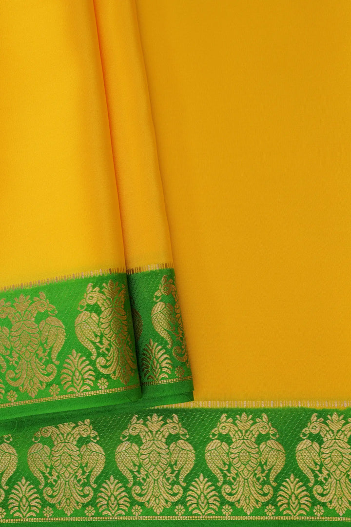 Pure Mysore Silk Saree in Yellow and Green Color with Contrast Green Blouse