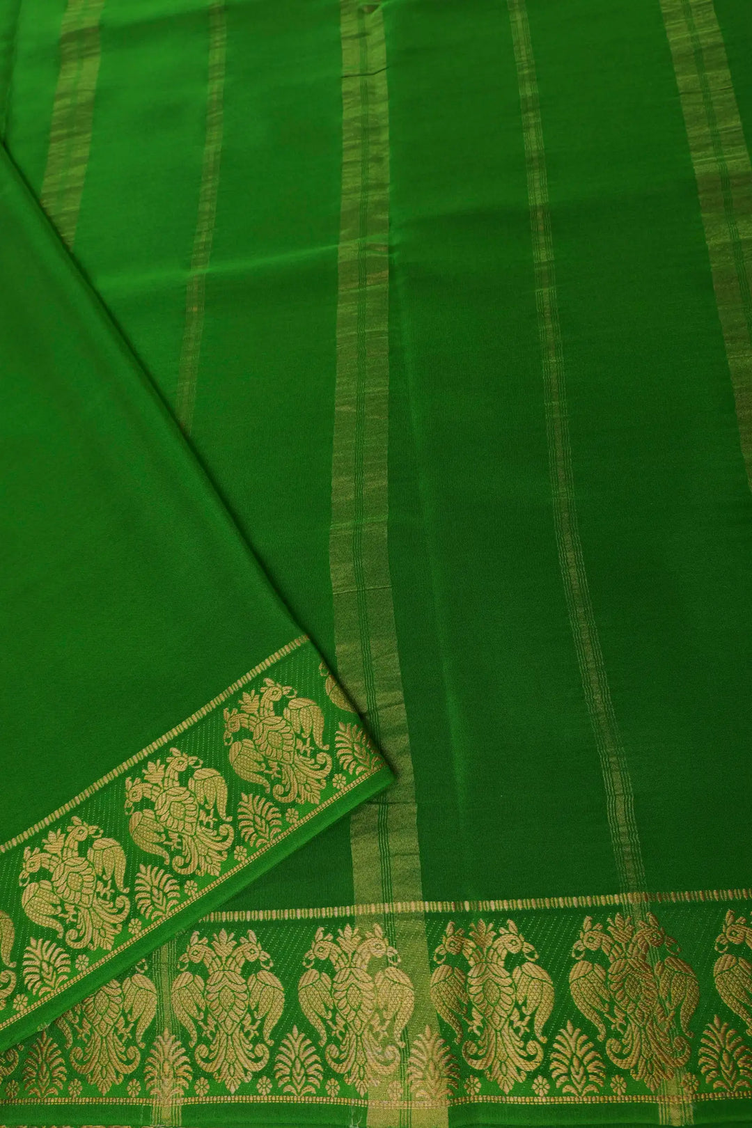 Pure Mysore Silk Saree in Yellow and Green Color with Gandaberunda Border