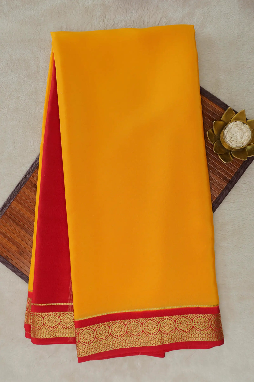 Pure Mysore Silk Saree in Yellow and Red Color with Flower Border