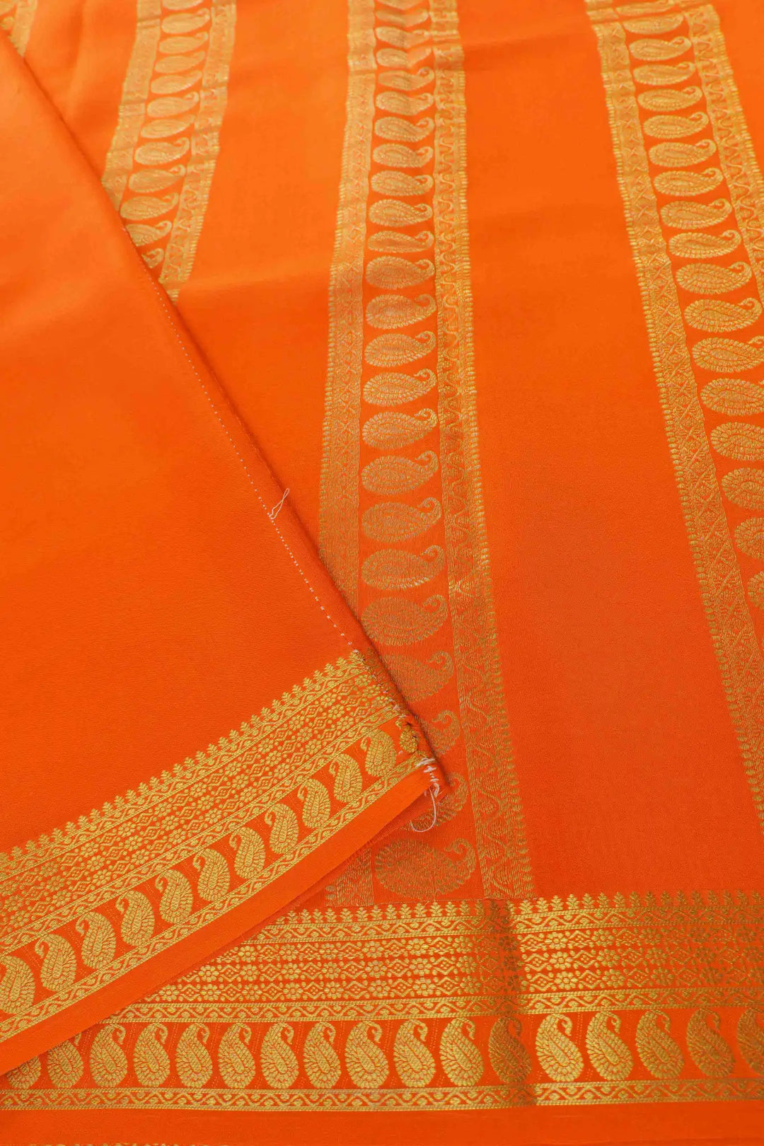 Pure Mysore Silk Saree in bright orange with orange pallu and gold detailing
