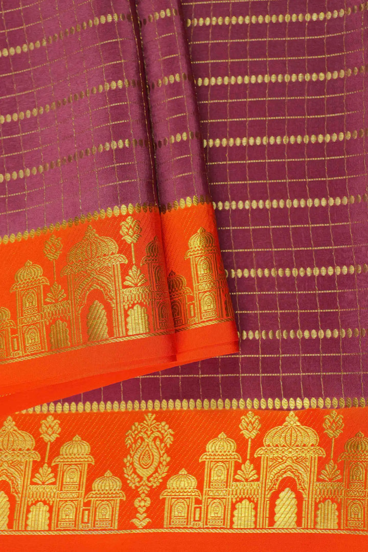 Pure Mysore Silk Saree in maroon with golden lines and bright orange border