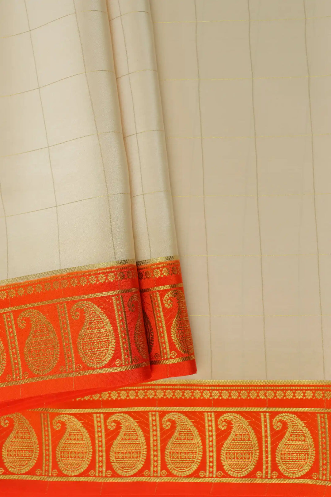 Pure Mysore Silk Sarees Beige with Orange Red Border Gold Zari