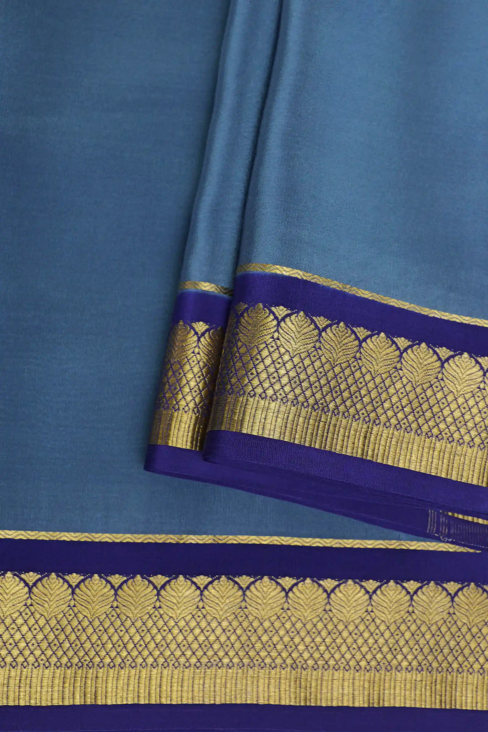 Pure Mysore Silk Sarees Blue with Navy Blue Border Gold Zari Lace