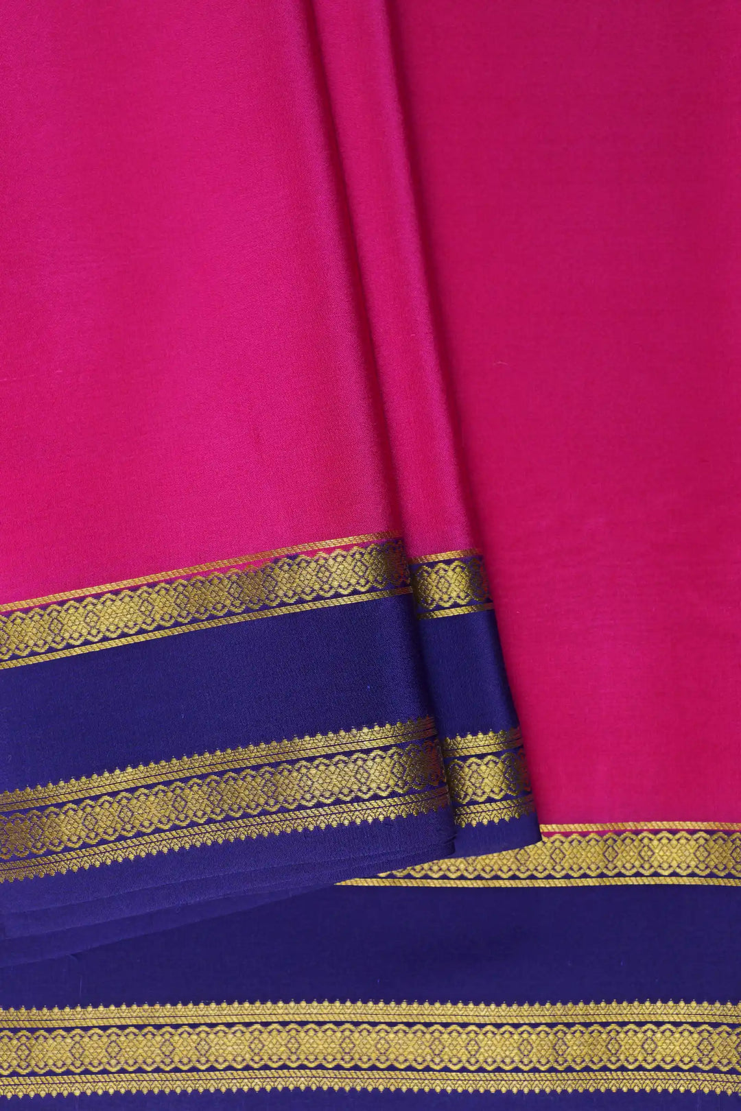 Pure Mysore Silk Sarees Bright Pink with Blue Border Gold Lace