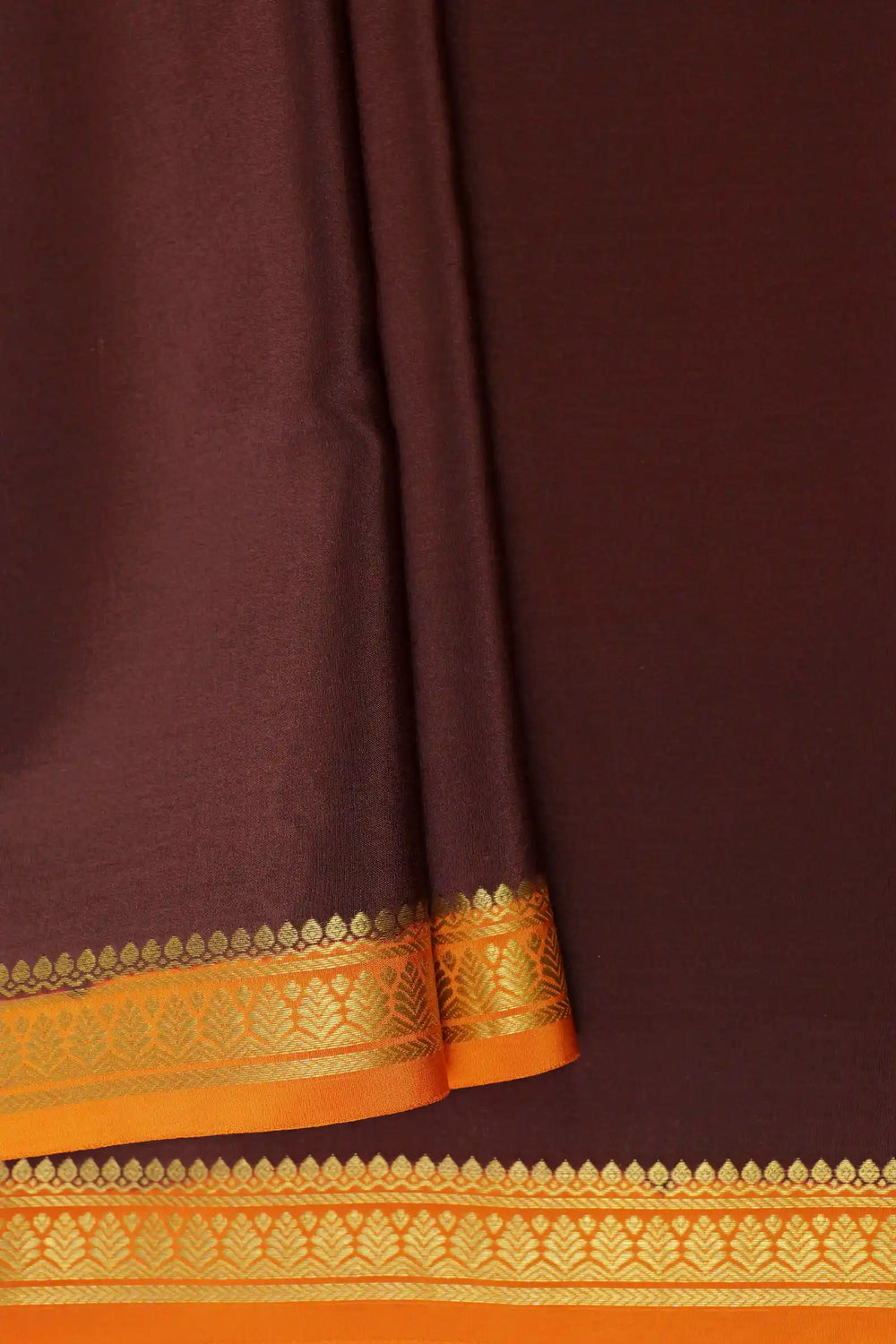 Pure Mysore Silk Sarees Brown with Orange Border Gold Work