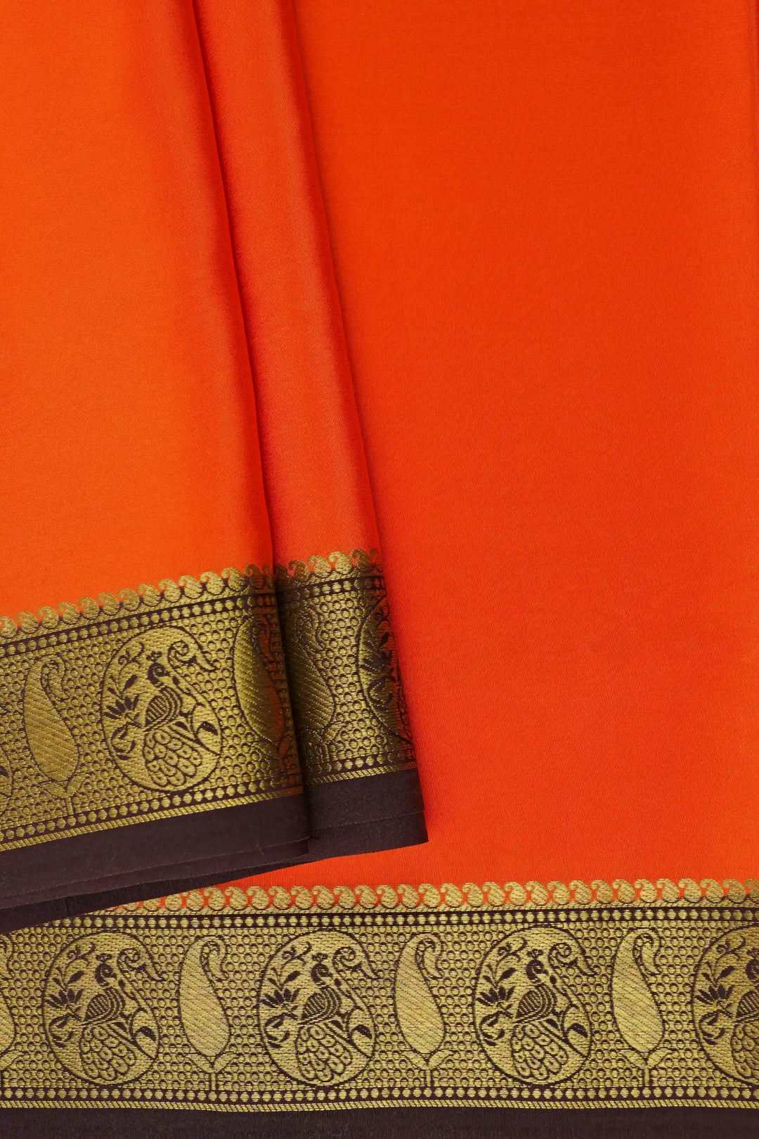 Pure Mysore Silk Sarees Burnt Orange with Brown Border Gold peacock patterns