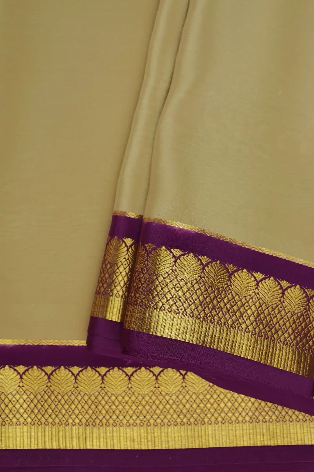 Pure Mysore Silk Sarees Cream with Purple Border Gold Zari Lace