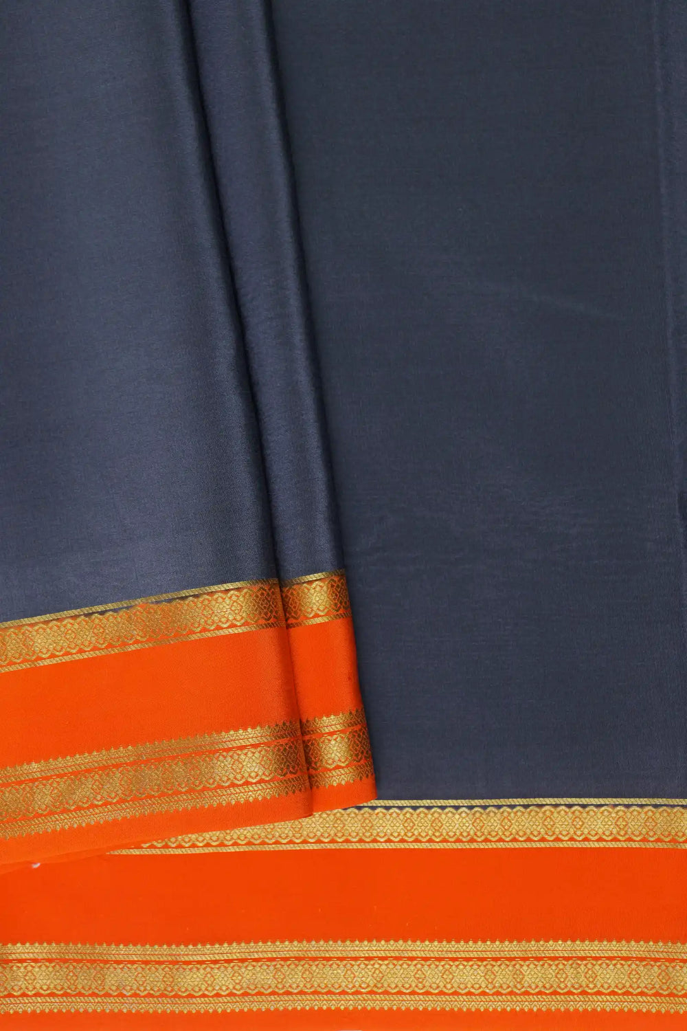 Pure Mysore Silk Sarees Dark Grey Color with Orange Border Gold Work