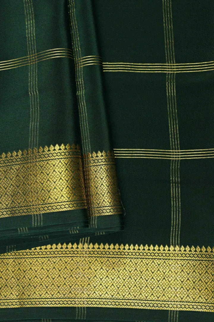 Pure Mysore Silk Sarees Green with Gold Checks Design and Rich Border
